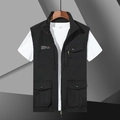 Men's black multi-pocket utility vest with stand collar and zipper, outdoor workwear style - M / Black