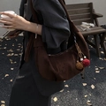 Dark brown suede hobo bag with colorful tassel charms and minimalist retro shoulder strap - Coffee with Pendant