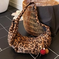 Retro leopard print crescent shoulder bag with bohemian tassel and faux fur charm - Leopard Print Brown With Pendant