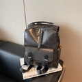 Vintage dark gray leather backpack with double buckle pockets on books for college students - Black