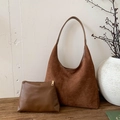 Brown matte suede hobo bag with matching leather zipper pouch in a minimalist set - Brown
