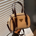 Retro frosted beige Boston bag for women with brown leather trim and top handles - Off White