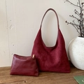 Minimalist burgundy frosted leather tote bag and zipper pouch set for women - Red