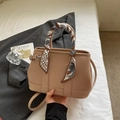 Chic apricot lychee leather tote bag with decorative silk scarf handle and crossbody strap - Apricot