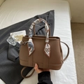 Deep brown pebble leather bucket bag with floral silk scarf handle and silver hardware - Khaki