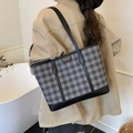 Sac fourre-tout à carreaux gris avec bordures en cuir noir pour le quotidien - Noir