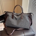 Blue striped canvas gym bag with brown leather trim and detachable shoulder strap - Coffee