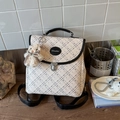 Cream plaid polka dot backpack with black leather trim and cute rabbit pendant charm - Cream (With Pendant)