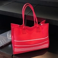 Bolso tote grande de lona roja con rayas blancas y asas resistentes - Rojo