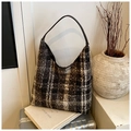 Chic plaid woolen hobo bag for winter with black leather strap on a vintage suitcase - Small Grid