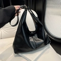 Grande borsa Hobo vintage nera in pelle PU lucida con tracolla larga regolabile - Nero