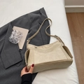 Minimalist beige dumpling bag with side pocket and adjustable strap in smooth PU leather - Rice White (Without Charm)