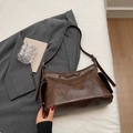 Deep coffee brown vintage pleated leather tote with adjustable shoulder strap and side pocket - Coffee (No Charm)