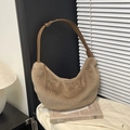Khaki plush hobo bag with adjustable brown leather strap for autumn and winter fashion - Dark Khaki