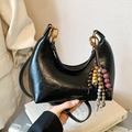 Black crescent shoulder bag in glossy leather with colorful wooden bead tassel charm - Black (with Pendant)