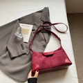 Minimalist wine red suede dumpling bag with leather trim and adjustable shoulder strap - No Pendant / Burgundy
