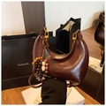 Dark brown oil wax leather hobo bag with gold hardware and colorful beaded charm - Coffee (With Pendant)