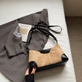 Minimalist camel suede and black leather patchwork satchel with adjustable strap - No Pendant / Khaki