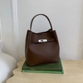 Dark brown lychee grain leather bucket bag with silver metal buckle and handle - Brown No Pendant