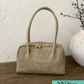 Beige matte suede retro shoulder bag with long handle and top zipper closure - Khaki