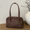 Brown frosted suede shoulder bag with retro pillow shape and long leather handles - Brown