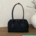 Minimalist black matte suede pillow bag with vintage long leather handles and dual zippers - Black