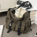 Leopard print canvas crossbody bag featuring functional multi-pockets and plastic buckles - Khaki