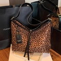 Leopard print tote bag with black leather straps and fashion charm decoration - Brown