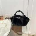 Elegant black faux fur crossbody bag with leather handles and metallic buckle detail - Black
