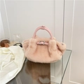 Elegant pink faux fur handbag with leather handle and silver metallic buckle detail - Pink