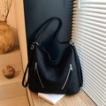 Retro black matte suede hobo bag with silver zipper detail and large capacity - Black