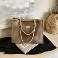 Grande borsa tote in tela pied de poule marrone con spalline eleganti per donna - Pied de poule Cachi