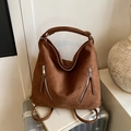Dark brown suede crossbody bag with double zippers and large capacity for daily use - Brown
