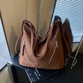 Brown matte suede tote bag with dual side zippers and large capacity shoulder straps - Brown
