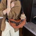 Brown suede crescent crossbody bag with faux leather strap and cute bear charm - With Charm / Orange