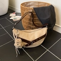 Brown suede hobo bag with leopard print accent, adjustable strap and plush puppy charm - With Charm / Khaki