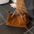 Caramel brown suede tote bag with leather handles and adjustable shoulder strap - Brown