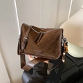 Vintage brown suede pillow bag with dual zippers and decorative wooden beads - Brown