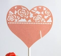 Hollow rose lace heart-shaped cake topper in pearlized rose gold finish for birthdays - Pink