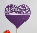Purple heart cake topper with hollow rose lace pattern and white support stick - Dark Purple