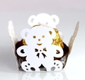 Laser cut white paper bear candy box with intricate lace details for party favor - White