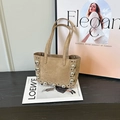 Khaki suede shoulder bag featuring silver metal stud details and dual top handles - Khaki