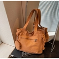 Minimalistische Canvas-Einkaufstasche in Orange mit Seitentaschen und Münzfach - Braun