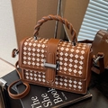 Chic brown and white checkered square handbag with unique spiral twisted handle and silver lock - Dark Brown