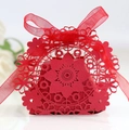 Red laser-cut floral wedding candy box with elegant ribbon tie for party favors - Pearlescent Red