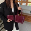 Wine red suede tote bag set with silver grommet details and matching clutch bag - Red