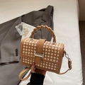 Chic woven brown and white square bag with a unique twisted handle and long strap - Cream/Khaki