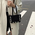 Retro black suede tote bag with silver punk rivets and grommets for women - Black