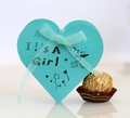 Detail of teal laser-cut heart candy box with It's A Girl text and ribbon bow - Turquoise Green