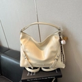 Minimalist cream beige large tote bag with metallic logo and baseball charm - White with Pendant